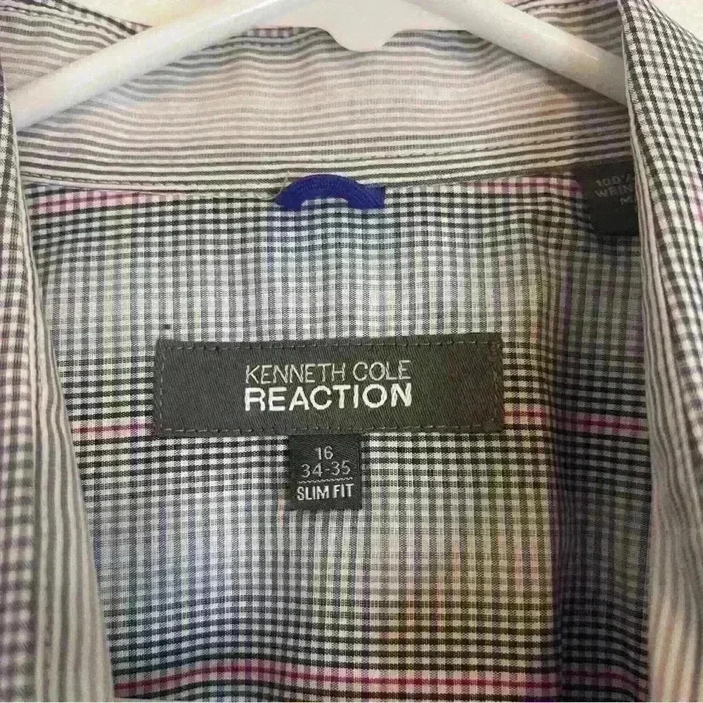 Kenneth Cole Reaction Men's Slim-Fit Blue Plaid Long-Sleeve Shirt size 16 34/35